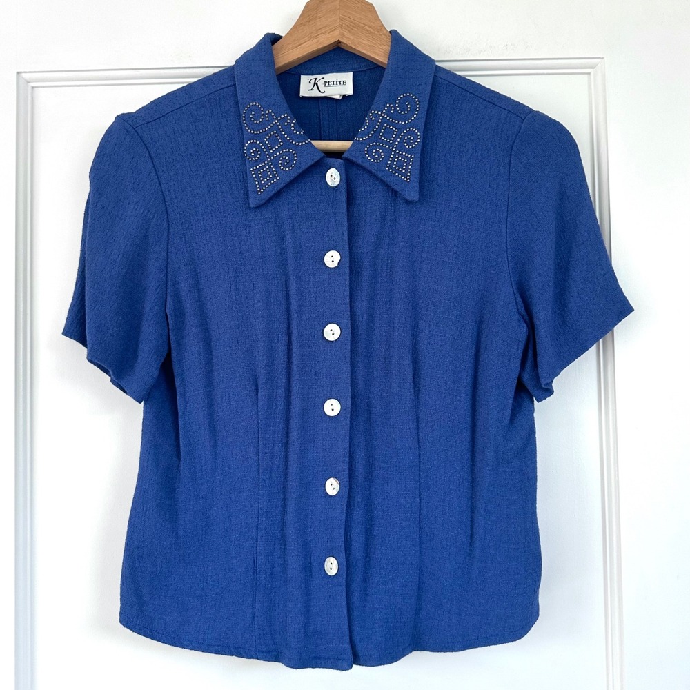 Vintage K Petite 90s Blue Studded Collar Button Down Blouse  Short Sleeve Shirt